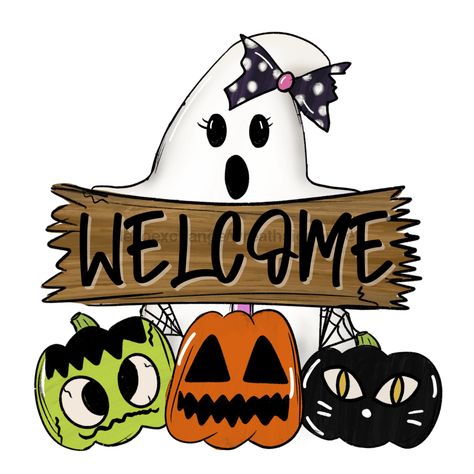 Halloween Welcome Ghost, wood sign, DECOE-W-015 - DecoExchange® Welcome Halloween Sign, Boo Wallpaper, Ghost Door Hanger, Halloween Welcome Sign, Paint Pumpkins, Ghost Door, Ghost Wreath, Happy Halloween Sign, Homemade Halloween Decorations