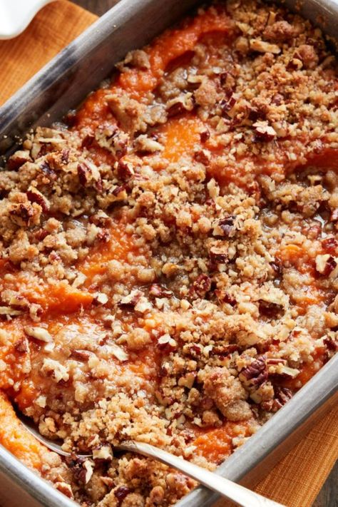 One of the best Ina Garten casserole recipes is this Sweet Potato Casserole with Pecans, made with sweet potatoes, brown sugar, milk, unsalted butter, vanilla Scored Potatoes, Scalloped Cabbage, Pineapple Bake, Thanksgiving Sweet Potato Recipes, Potato Recipes Healthy, Thanksgiving Sweet Potato, Potato Recipes Casserole, Party Potatoes, Herbed Potatoes