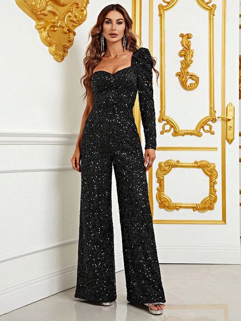 Sequin Jumpsuit Long Sleeve, Sweetheart Neckline Long Sleeve, Gigot Sleeve, Sequins Fabric, Sequin Jumpsuit, Long Sleeve Sequin, New Years Eve Outfits, Plain Shirts, Hoco Dresses