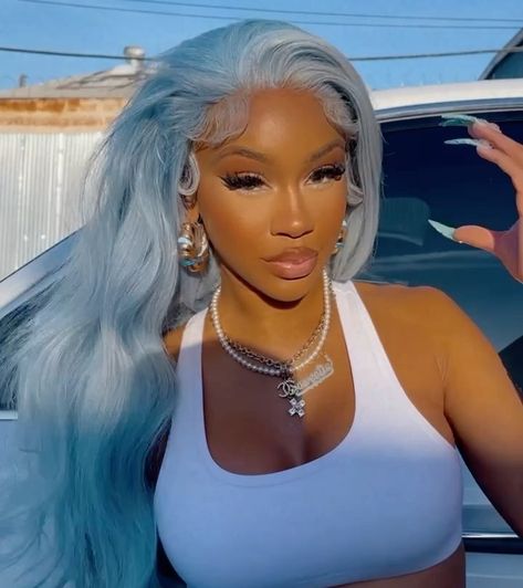 Saweetie Blue Hair, Ice Blue Hair, Icy Blue Hair, Hairstyles With Curled Hair, Sky Blue Hair, Baby Blue Hair, Pastel Blue Hair, Long Weaves, Half Bun