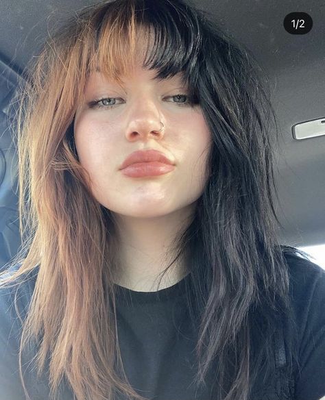 Brown Hair With Pop Of Color, Brown And Black Split Dye, Half Black Half Brown Hair, Half Brown Half Black Hair, Split Dyed Hair With Bangs, Peekaboo Hair Colors, Cut Own Hair, Half And Half Hair, Split Dye