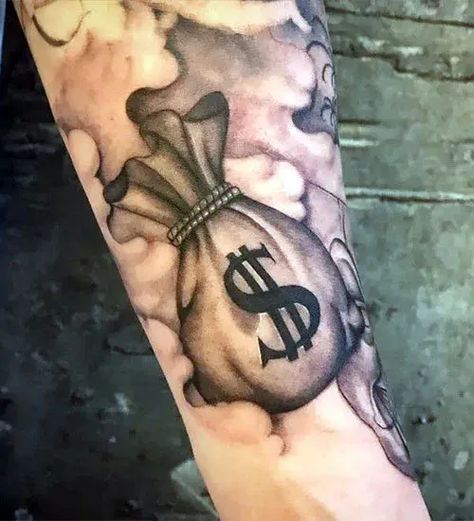 Forearm Money Bag Tattoo Money Tattoos For Men, Money Tattoo Ideas, Money Tattoo Designs, Money Tattoos, Money Bag Tattoo, Cool Money, All About The Benjamins, Libra Tattoo, Gangsta Tattoos