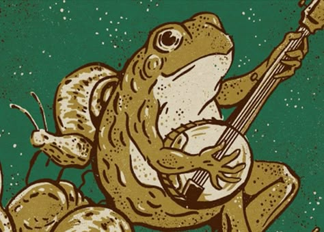 Bullfrog Drawing, Bullfrog Tattoo, Vintage Frog, Toad Illustration, Banjo Frog Tattoo, Frog Playing Guitar Tattoo, Frog Playing Banjo Tattoo, Toad Cartoon, Frog Playing Guitar Drawing