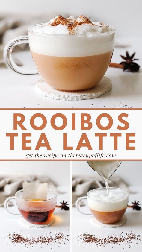 This naturally caffeine-free latte is incredibly smooth with a woodsy, nutty flavour and caramel-like undertones. A touch of sugar and vanilla is added to bring out the gentle sweetness of the rooibos tea. Tea Latte Ideas, Rooibos Tea Recipe, Black Tea Latte Recipe, Black Tea Recipe, Milk Tea Recipe, Tea Lattes, Caffeine Free Drinks, Starbucks Vanilla, Latte At Home