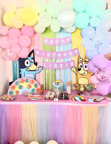 Bluey Birthday Party – Wonderful World of Susan 1st Bluey Birthday Party, Bluey Birthday Shirt Ideas, Pastel Bluey Party, Bluey Birthday Table Centerpieces, Bluey Birthday Balloons, Diy Bluey Decorations, Pink Bluey Birthday Party, Bluey Birthday Party Ideas Girl, Disney Junior Birthday Party