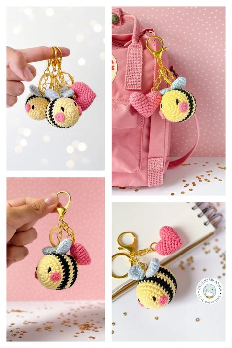 Amigurumi Cat Keychain Free Pattern - 1 4 Crochet Keyring Free Pattern, Kat Haken, Crochet Panda, Crochet Keychain Pattern, Crochet Bee, Pola Amigurumi, Crochet Wedding, Kawaii Crochet, Cat Keychain