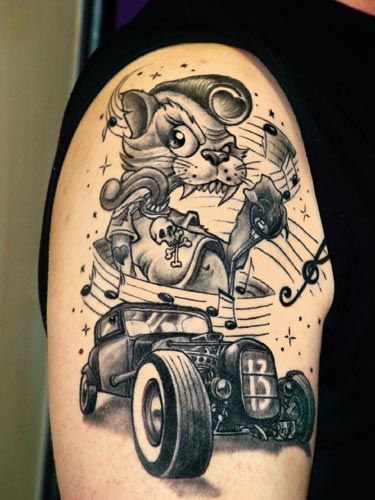 Rockabilly Tattoo Sleeve, Rockabilly Tattoo Designs, Rockabilly Tattoos, Hot Rod Tattoo, Rockabilly Tattoo, Retro Tattoos, Mens Shoulder Tattoo, Sweet Tattoos, Pin Up Tattoos