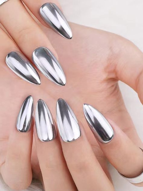 Silver  Collar    Color Nails Embellished   Beauty Tools Nail Coat, Chrome Nail Powder, Gel Polish Manicure, Mirror Nails, Chrome Powder, Metallic Nails, Pigment Powder, Chrome Nails, Artificial Nails