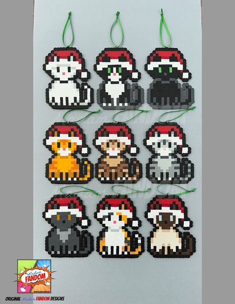 "Our HANDMADE Cat Christmas Ornaments are perfect for your CHANGE tree, or as unique gifts for your family, friends, classmates, and coworkers. ★ Each character is ORIGINAL Madam FANDOM Pixel FanArt! I pride myself on creating my own bead patterns - not relying on pre-made patterns created by others - so that I can offer you a truly unique item to gift to friends, or treat for yourself! M E A S U R E M E N T S ∙ (w x h) ▪Each cat measures 3 1/2\" x 4 1/4\" M O R E ∙ D E T A I L S ★ Each ornament Pearler Beads Pattern Christmas, Pixel Art For Perler Beads, Perler Bead Patterns Ornaments, Christmas Cat Perler Beads, Xmas Perler Beads, Hama Christmas Ornaments, Taco Perler Bead Patterns, Christmas Bead Art, Winter Perler Beads