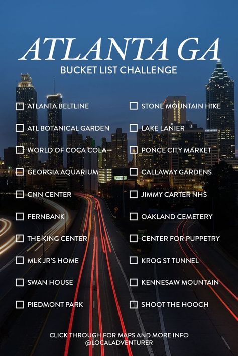 Atlanta Bucket List Challenge // Local Adventurer #atlanta #georgia #discoveratl #atl #localadventurer #usa Atlanta Bucket List, Georgia Bucket List, Bucket List Challenge, Things To Do In Atlanta, Atlanta Travel, Visit Atlanta, Georgia Vacation, Georgia Aquarium, List Challenges