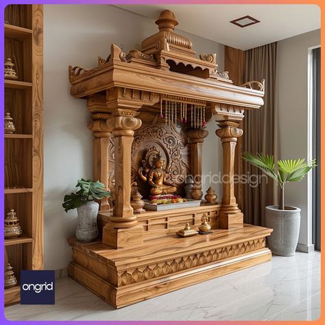 Pooja Room Design: Modern Wooden Mandir Ideas for Your Home Buddha Temple Design For Home, Wooden Mandir Design Puja Room, Mandiram Designs, Indian Temple Ideas For Home, Pooja Room Design Modern, Traditional Pooja Room Design, Puja Mandir Design, Pooja Mandir Ideas Design, Traditional Pooja Room