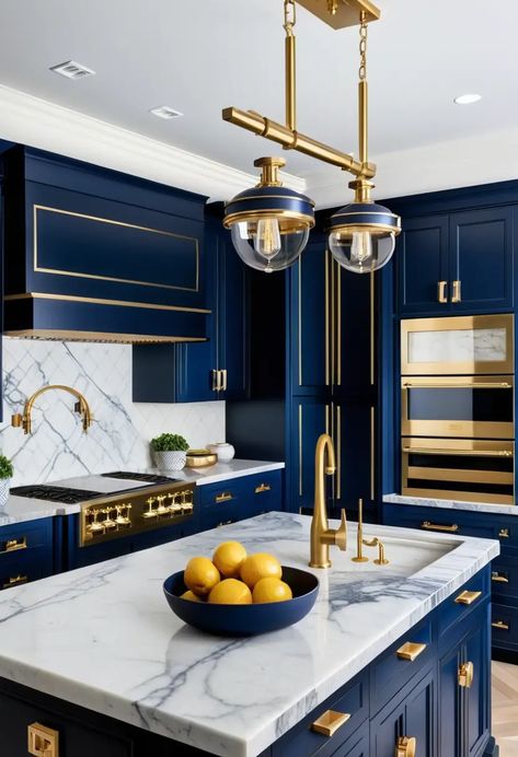 17 beautiful Kitchen Color Ideas to Make Your Space Pop Blue Accented Kitchen, Kitchen Royal Blue, Modern Color Kitchen Cabinets, Light Blue And Gold Kitchen, Blue And Gold Kitchen Ideas, Navy Blue And Gold Kitchen, Blue Cabinet Kitchen, Blue Walls In Kitchen, Gold And Blue Kitchen