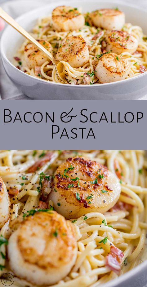 This Seared Scallop Pasta with Creamy Bacon Sauce is such an easy elegant seafood recipe. We all know that pasta carbonara is pure comfort food, but when you add shellfish to your creamy pasta noodles you turn up the notch on dinner! The sauce is a wonderful mixture of white wine, cream, onions and bacon. All mixed through spaghetti noodles and then topped with perfectly seared scallops. You can use large scallops or the smaller bay scallops here, both work and both will be delicious. Cream Onions, Scallop Recipes Pasta, Shrimp And Scallop Recipes, Bacon Scallops, Bay Scallops, Scallop Pasta, Bacon Sauce, Seafood Recipe, Seared Scallops