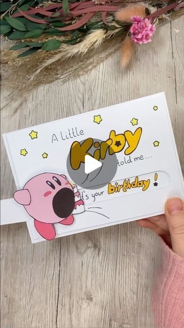 Katharina Tarta on Instagram: "Ok granted, this is very ‚extra‘ 😅 But surprisingly many of you asked for a Kirby card😅 So here you go. I hope you like how it turned out. I certainly do. Even though before I made this I wasn’t quite sure what Kirby is exactly. I mean I knew the little pink blob, but I didn’t know what it does. But my boyfriend being the experienced gamer that he is provided me with the wisdome: ‚It‘s a pink ball and it inhales things‘ 🤣 (So for everyone who had the same knowledge level about Kirby as I, do with that explanation wat you want 😅) Anyway, I hope you like the card and if Kirby is not your thing, then maybe the little slider card hack 😉 Don’t forget to comment your favourite fandom, so I can turn it into a card, gift or box 😉 #papercrafts #papercrafting #bi Birthday Card Ideas For Boyfriend Diy, Kirby Birthday Card Ideas, Gift Cards Ideas For Birthdays, Kirby Birthday Invitations, Cute Diy Birthday Cards For Boyfriend, Birthday Cards Diy Handmade Pop Up, Kirby Party Ideas, Happy Birthday Card Ideas Creative, Diy Gifts For Gamers