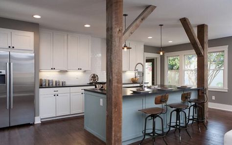 Beam Ideas, 1930s Bungalow, Beautiful White Kitchens, Office Idea, Outdoor Kitchen Countertops, Kitchen Post, Support Beam, Farmhouse Kitchen Island, Bungalow Style