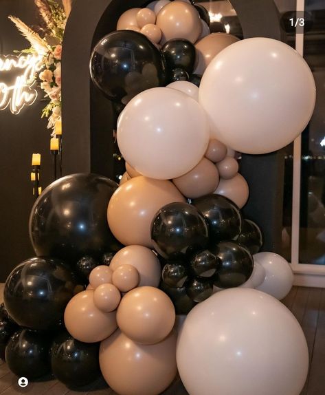 Black White Tan Balloon Garland, Black And Cream Birthday Party Decor, Black And Champagne Balloons, Cream And Black Party Decor, Black Gold And Cream Party Decorations, Brown Baby Shower Ideas, Black Party Decorations, Balloons Galore, 21st Bday Ideas