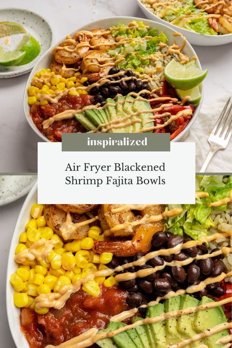 Air Fryer Blackened Shrimp Fajita Bowls - Inspiralized Shrimp On The Grill, Inspiralized Recipes, Shrimp Bowl, Cook Shrimp, Blackened Shrimp, Fajita Bowls, Healthy Veggie, Protein Bowls, Protein Packed Meals