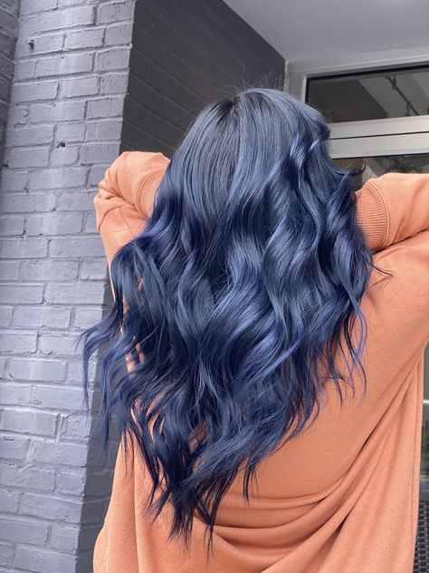 Blue Hair Without Bleach, Blue Tinted Hair, Denim Hair Color, Smokey Blue Hair, Denim Blue Hair, Navy Blue Hair, Denim Hair, Navy Hair, Dyed Hair Blue