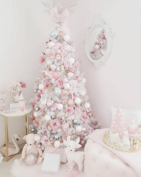 Pink And White Christmas Tree, Pink And White Christmas, Christmas Tree Inspo, A Pink Christmas, Pink Xmas, Candy Land Christmas Decorations Diy, Pink Ornament, Candy Land Theme, Christmas Tree Inspiration