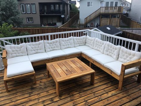 Patio Sectional Diy, Deck Sectional, Diy Outdoor Sectional, Deck Update, Outdoor Sectional Couch, Outdoor Woodworking Plans, Desert Backyard, Sectional With Storage, Deck Seating