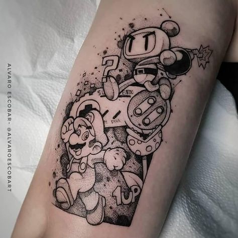 Nintendo Tattoo Design, Retro Gaming Tattoo, Mario Tattoo Design, Mario Art Tattoo, Super Mario Tattoo Design, Mario Tattoo Sleeve, Super Mario Traditional Tattoo, Nintendo Tattoo Ideas, Game Tattoo Ideas