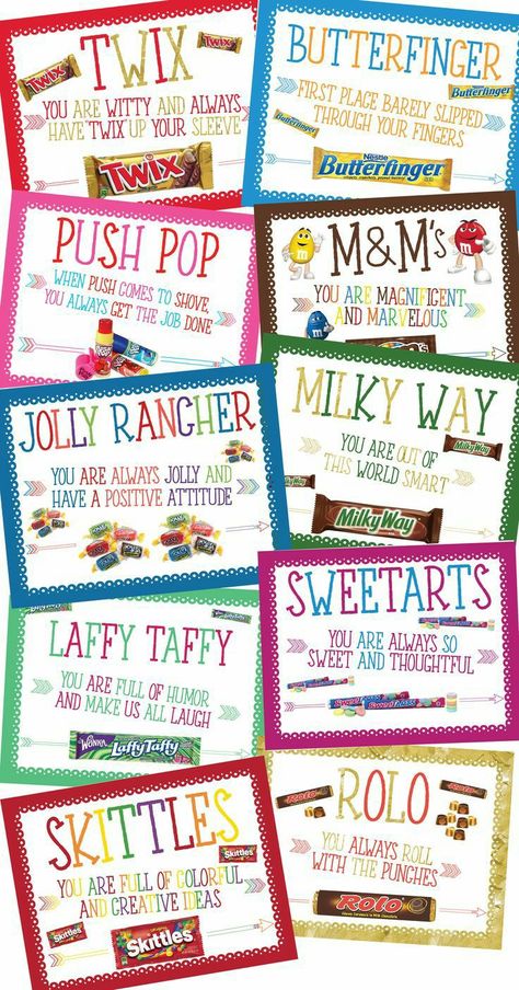 Snack Gifts With Sayings, Candy Sayings, Candy Bar Awards, Candy Quotes, Appreciation Gifts Diy, Staff Appreciation Gifts, Candy Grams, Staff Morale, Youth Conference