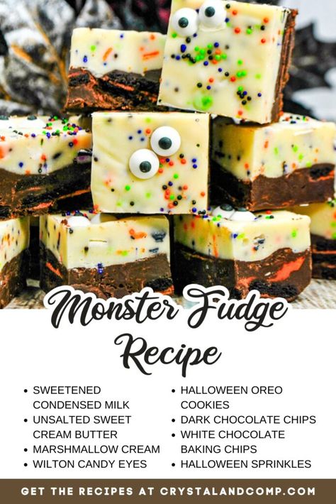 monster fudge recipe ingredient list Fudge Recipes Halloween, Monster Fudge, Halloween Fudge, Recipe Ingredients List, Fudge Dessert, Condensed Milk Cookies, Halloween Oreos, Chocolate Marshmallow, Marshmallow Cream