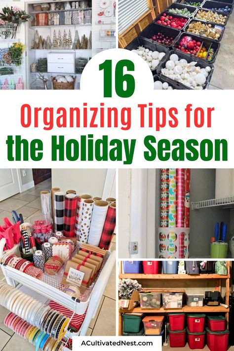 16 Organizing Tips for a Clutter-Free Holiday Season- Deck the halls without the clutter! Discover game-changing organizing tips to keep your home tidy and festive this holiday season. Perfect for anyone who loves a well-organized space! | #OrganizedHoliday #Christmas #HomeOrganization #organizing #ACultivatedNest Holiday Closet Organization, Christmas Decorations Organization, Organizing Holiday Decorations, Seasonal Organization Ideas, Organizing Seasonal Decor, Christmas Storage Organization, Christmas Organization Ideas, Christmas Decor Organization, Organizing Christmas Decorations