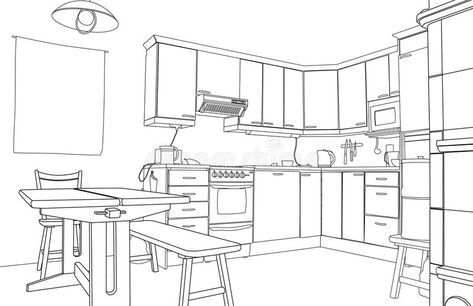 Kitchen sketch. Editable vector illustration of an outline sketch of a kitchen i , #Ad, #Editable, #vector, #Kitchen, #sketch, #kitchen #ad Kitchen Interior Sketch, Kitchen Sketch, Drawing Interior Design, Kitchen Drawing, Industrial Kitchen Design, Drawing Interior, Modern Living Room Interior, Interior Design Drawings, Industrial Dining Chairs