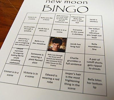 New Moon Drinking Game Twilight, Twilight Game Ideas, Twilight Movie Marathon Ideas, Twilight Themed Party Games, Twilight Bingo, Twilight Themed Bachelorette Party, Twilight Marathon Party Ideas, Twilight Party Games, Twilight Party Food