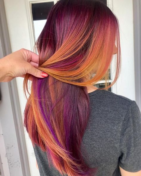 Now this is what I call a beautiful mix of colors  Color by: @mandakingxoxo using #pravanavivids  . . . #pravanasingapore #vivid #hair #color #haircolor #hairgoals #hairinspo #colorful #smooth #vivids #balayage #red #orange #purple #magenta #coral #highlights #warm #fall #orangehair #pantone #staroftheshow #blend #tones #TransformationTuesday #TuesdayTreat #GoodNewsTues #Tuesday Red And Orange Hair, Halloween Hair Color Ideas, Halloween Hair Color, Fire Hair, Inner Witch, Vivid Hair Color, Piercing Inspo, Mix Of Colors, Peinados Fáciles Para Cabello Corto