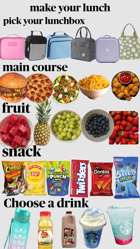 chose your school lunch Lunch Ideas For School High School, Meals For School Lunchbox Ideas, Food Ideas For Lunch At School, Food To Pack For School, What To Pack For School Lunch Ideas, Kids School Lunch Ideas For Picky Eaters Healthy Food, School Lunch Salad, Choose Your Lunch, Make Your Lunch