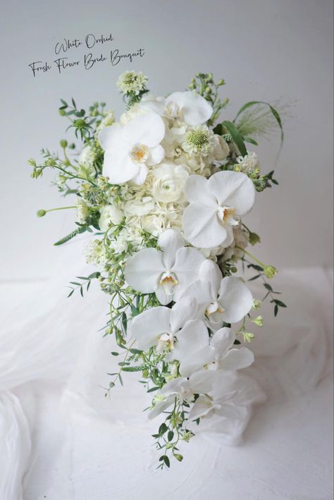 Cascading White Wedding Bouquets, Purple Orchid Bouquet, Blue And Purple Orchids, White Orchid Bouquet, Orchid Bridal Bouquets, Wildflower Bridal Bouquets, Cascading Bouquet, Cascading Bridal Bouquets, Cascading Wedding Bouquets