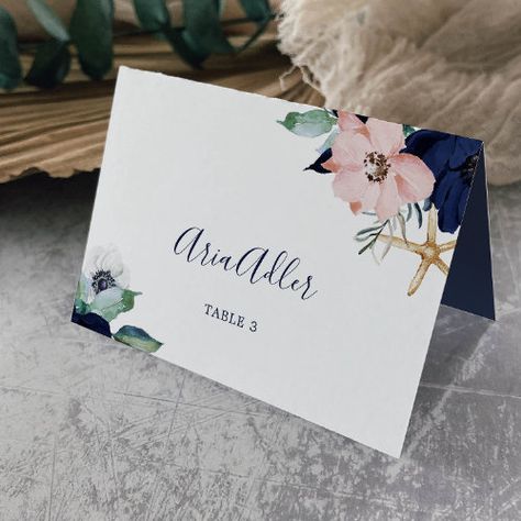 Blue Watercolor Flowers, Wedding Reception Guest, Nautical Bridal Showers, Destination Wedding Reception, Navy Blue Watercolor, Bridal Shower Tables, Modern Nautical, Wedding Place Card, Whimsical Design