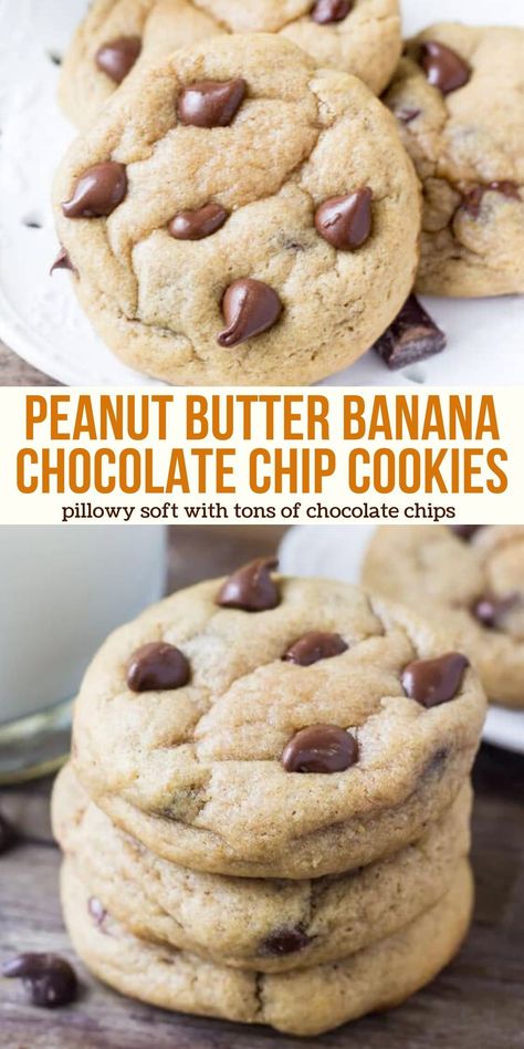 These peanut butter banana chocolate chip cookies are super soft with a delicious hint of banana bread and peanut butter in the flavor. #peanutbutterbanana #chocolatechip #bananacookies from Just So Tasty https://www.justsotasty.com/peanut-butter-banana-chocolate-chip-cookies/ Peanut Butter Banana Chocolate Chip Cookies, Pb Banana Cookies, Peanut Butter And Banana Cookies, Peanut Butter Oatmeal Banana Chocolate Chip Cookies, Banana Snickerdoodle Cookies, Banana Chocolate Chip Peanut Butter, Banana Cookie Recipes, Cookies Made With Bananas, Banana Cookies Recipes