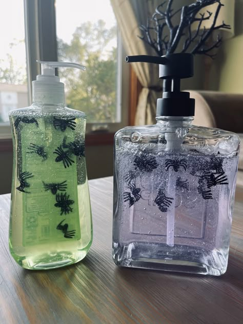 Want fun, easy, CHEAP Halloween decorations? Just buy a bag of fake spiders and add it to your hand soaps! 🕷️🕸️ *Other creepy crawlies or body parts encouraged* WARNING: This may or may not encourage hand washing to ward off sCArY germs 🦠 Diy Halloween Decorations Bathroom, Halloween Decorations Cheap Diy, Clever Halloween Decorations, Halloween Decoration Bathroom, Standing Shower Decor Ideas, Halloween Decorations To Make At Home, Crazy Halloween Decorations, Cute Cheap Halloween Decorations, Halloween Ideas For Party