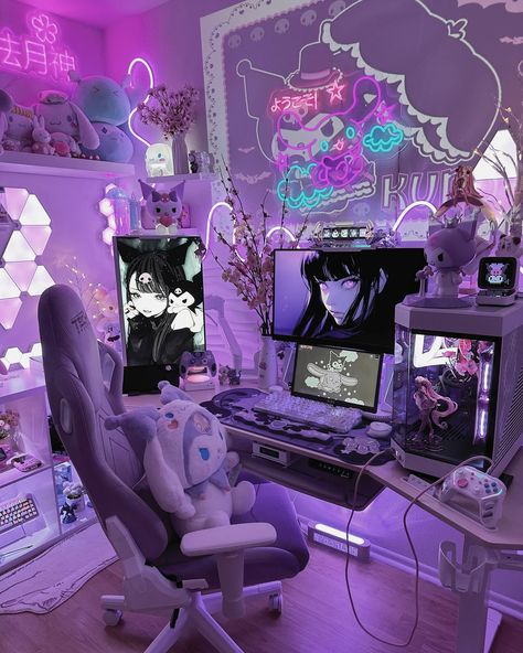 happy weekend ⋆⭒˚.⋆ ₊˚ʚ ᗢ₊˚✧ ﾟ. #kuromicore #kuromisanrio #purpleaesthetic #purpleaesthetics #kawaii #desksetup #deskessentials #deskgoals #gamingsetup #sanrio #kuromi #technisport #gaming #temu #ａｅｓｔｈｅｔｉｃ #kawaiiaesthetic #cute Purple Aesthetic Gaming Setup, Kuromi Gaming Chair, Cute Gamer Bedroom, Gaming Setup Black And Pink, Pastel Goth Gaming Setup, Kuromi Bedroom Aesthetic, Purple Gamer Room, Kuromi Pc Setup, Streamer Setup Aesthetic