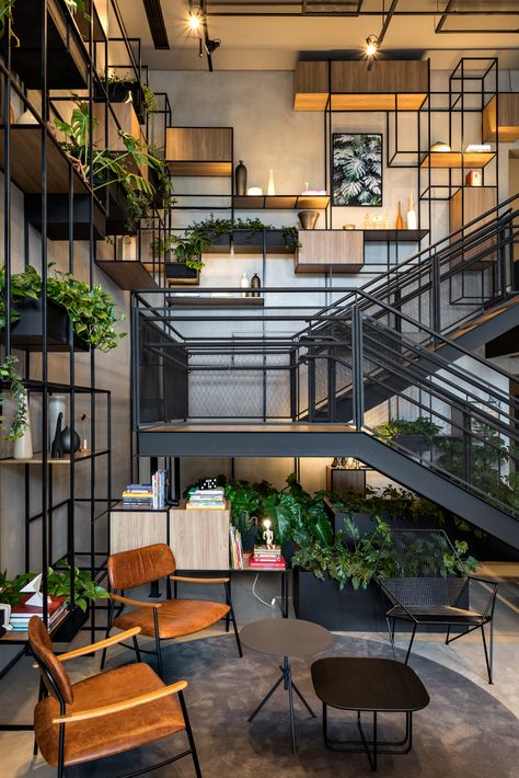 Gallery of Ibis hotels - New concept / FGMF Arquitetos - 10 Loft Cafe, Loft House Design, Café Design, Hotel Lobby Design, Industrial Office Design, Eco Hotel, Stair Case, Industrial Livingroom, Industrial Interior Design