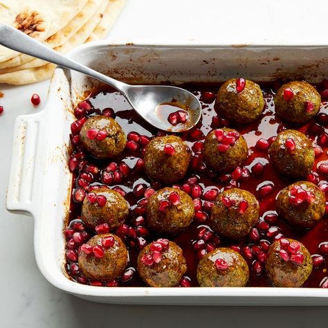 5 Persian Recipes for Weeknight Cooking From Najmieh Batmanglij | Epicurious Pomegranate Meatballs, New Years Day Meal, Pomegranate Sauce, Raw Pistachios, Persian Recipes, Persian Cuisine, Pomegranate Molasses, Persian Food, Turkey Meatballs