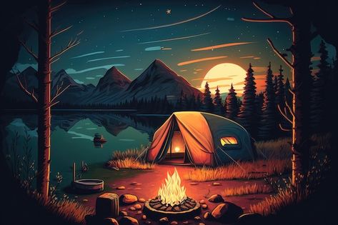 Summer night camp with tent campfire tre... | Premium Photo #Freepik #photo #campsite #camping-illustration #camping-tent #camping-night Campsite Drawing, Campsite Illustration, Tent Painting, Dnd Poster, Camping Background, Tent Drawing, Camping Landscape, Camping Painting, Camping Cartoon