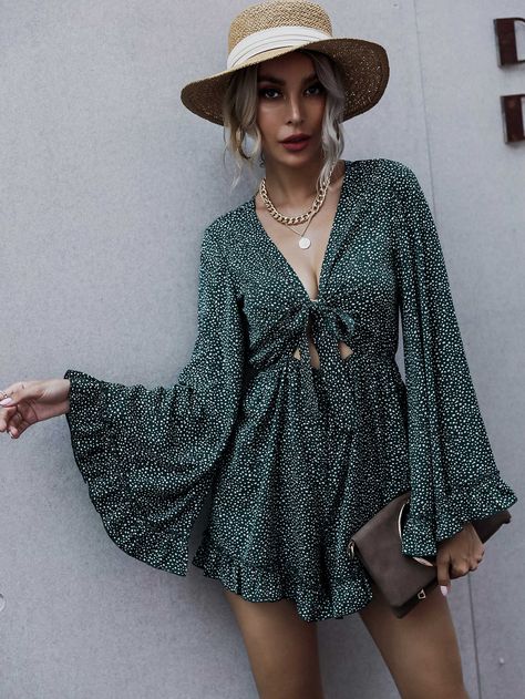 Dark Green Boho, Flowy Romper, Flounce Sleeve, Sleeveless Jumpsuits, Printed Ties, Striped Linen, Dot Print, Rompers Women, Belted Dress