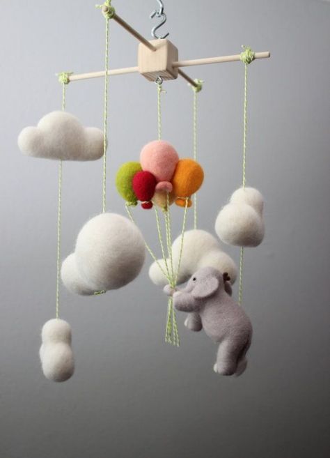 35 Incredibly Cute And Dreamy Nursery Mobiles | DigsDigs Diy Mobile Baby, Tovad Ull, Elephant Mobile, Felt Mobile, Baby Mobiles, Diy Mobile, Mobile Baby, Felt Baby, Nursery Mobile