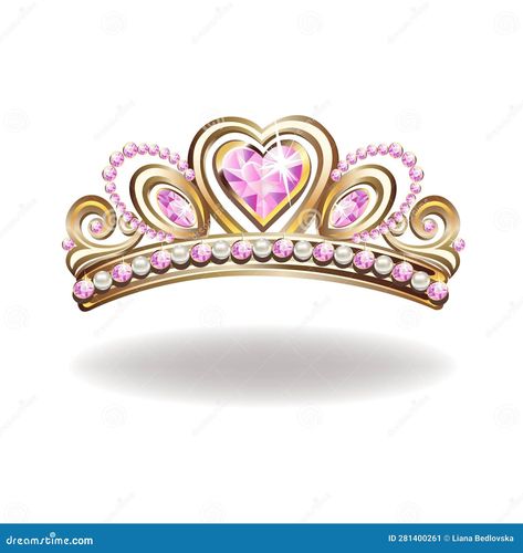 Princess crown or tiara with pearls and pink gems in the shape of a heart vector illustration isolated on white background. Tiara With Pearls, Princess Vector, Golden Tiara, Heart Vector Illustration, Golden Princess, Crown Illustration, Heart Vector, Pink Gem, Design Girl