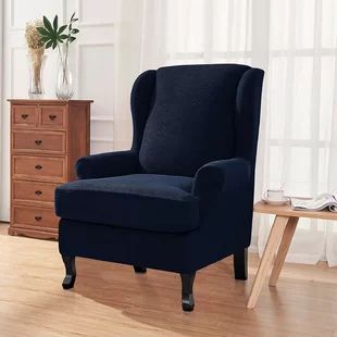 Ebern Designs T-cushion Armchair Slipcover | Wayfair Blue Wingback Chair, Wingback Chair Slipcovers, Wing Chairs, Ottoman Slipcover, Loveseat Slipcovers, Armchair Slipcover, Arm Chair Covers, Dining Chair Slipcovers, Furniture Slipcovers