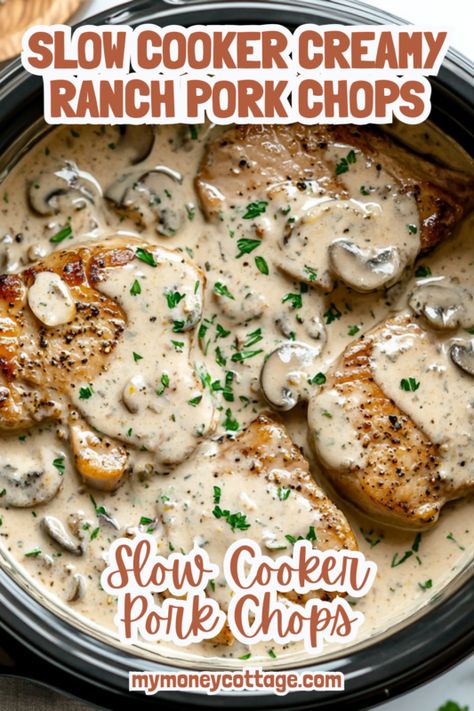 Slow Cooker Creamy Ranch Pork Chops - My Money Cottage Creamy Ranch Pork Chops, Ranch Crockpot, Slow Cooker Pork Chops Recipes, Healthy Pork Chops, Healthy Pork Chop Recipes, Condensed Cream Of Chicken Soup, Condensed Cream Of Mushroom Soup, Pork Chops Recipes, Pork Crockpot