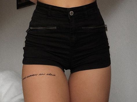 Thigh Linework Tattoo, Small Simple Thigh Tattoos, Thigh Wording Tattoo, Upper Thigh Quote Tattoo Women, Quote Tattoos Thigh, Small Front Thigh Tattoos, Thigh Small Tattoos Women, Thigh Tattoos Women Minimalist, Word Tattoo Thigh