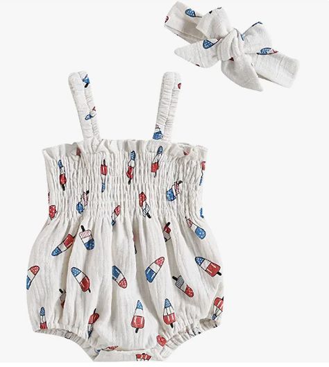 Baby Girl 4th of July Outfit Ice Cream Sleeveless Fourth of July Romper Newborn Independence Day Clothes Baby Ruffle Romper, Ice Cream Print, July Baby, Baby Girl Outfit, Patriotic Outfit, 4th Of July Outfits