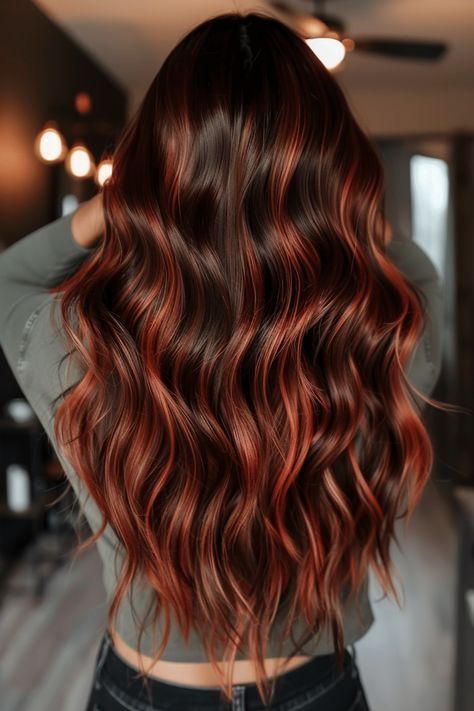 Brown With Ginger Balayage, Auburn With Red Highlights, Copper Highlights Dark Brown Hair, Red Lowlights In Brown Hair Curly, Dark Brown Ginger Balayage, Deep Ginger Hair With Highlights, Natural Red Lowlights In Brown Hair, Ginger Highlights In Brown Hair Balayage, Auburn Balayage On Dark Hair