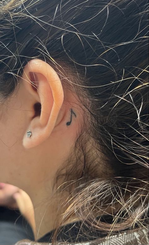 Behind The Ear Music Note Tattoo, Musical Note Tattoo Behind Ear, Small Music Note Tattoo Behind Ear, Xo Behind Ear Tattoo, Music Saved Me Tattoo, Behind Ear Tattoo Design, Treble Clef Tattoo Behind Ear, Music Note Ear Tattoo, Music Tattoo Ear