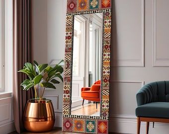 Handmade Japanese Inspired Flower Mirror Full Length - Etsy Indian Mirror Decor, Modern Traditional Living Room Decor Ideas, Modern Indian Home Decor, Big Mirror In Living Room, Full Lenght Mirror, Tile Mirrors, Artistic Mirror, Full Length Mirror In Bedroom, Mirror Maze